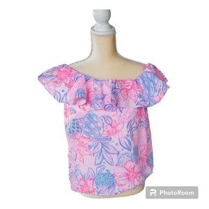 Lilly Pulitzer Zeldie One Shoulder Ruffle Top Pink Isle Snappy Turtle Sz M